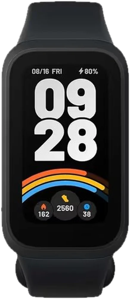 Smartband preta com tela colorida mostrando horário e atividades